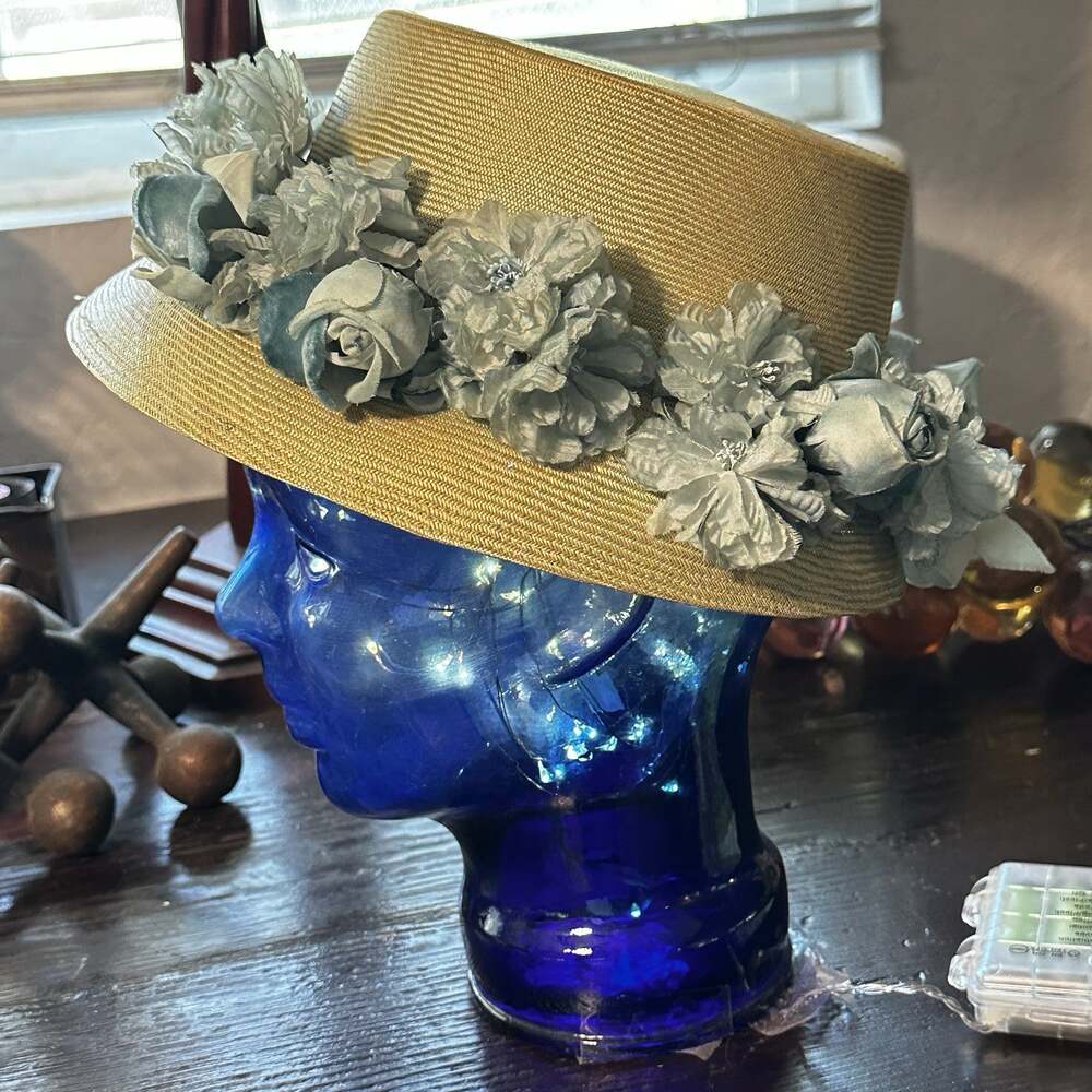 Vtg Saks Fifth Avenue Straw Boater Hat Blue Floral Ribbon Flat Top Comb Clips